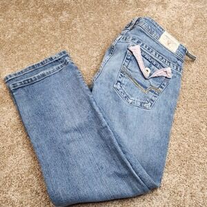 American Eagle Stretch Straight Leg Jeans Blue Pink Flap Pocket Womens 8 Reg